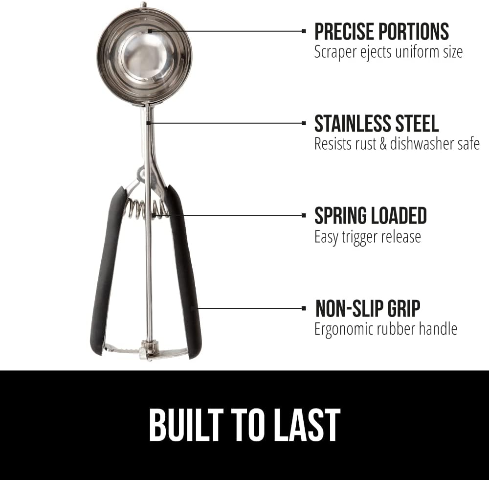 GORILLA GRIP Stainless Steel Cookie Scoop for Baking, 2 TBSP, Multipurpose Melon Baller, Meatball Spring Scoops, Perfect Portion Sizes, Easy Food Release, Scooper Size 40, BPA-Free Kitchen Tool, Black