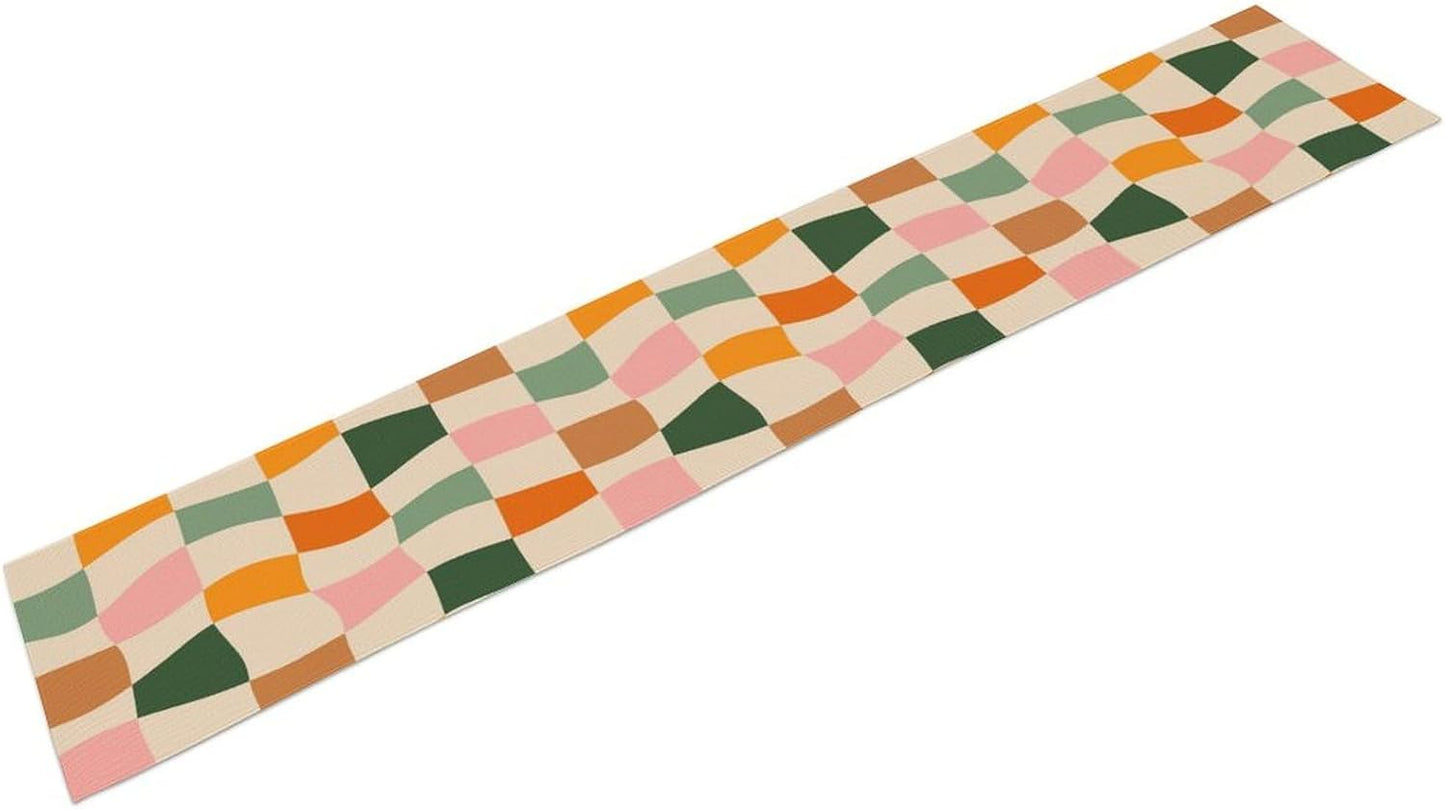 Hippie Table Runner, Vintage Geometric Square Orange Green Pink Grid 60s 70s Style Kitchen Dining Room Decor for Indoor Outdoor Wedding Party Table Runner 13x90 Inch