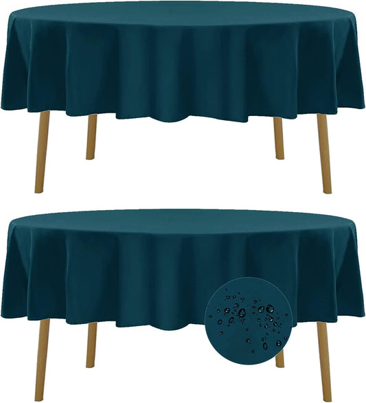 Fokitut 2 Pack Waterproof Round Tablecloth, 90 Inch, Stain Resistant and Wrinkle Polyester Table Cloth, Fabric Table Cover for Kitchen Dining, Wedding, Party, Holiday Dinner-Peacock Blue