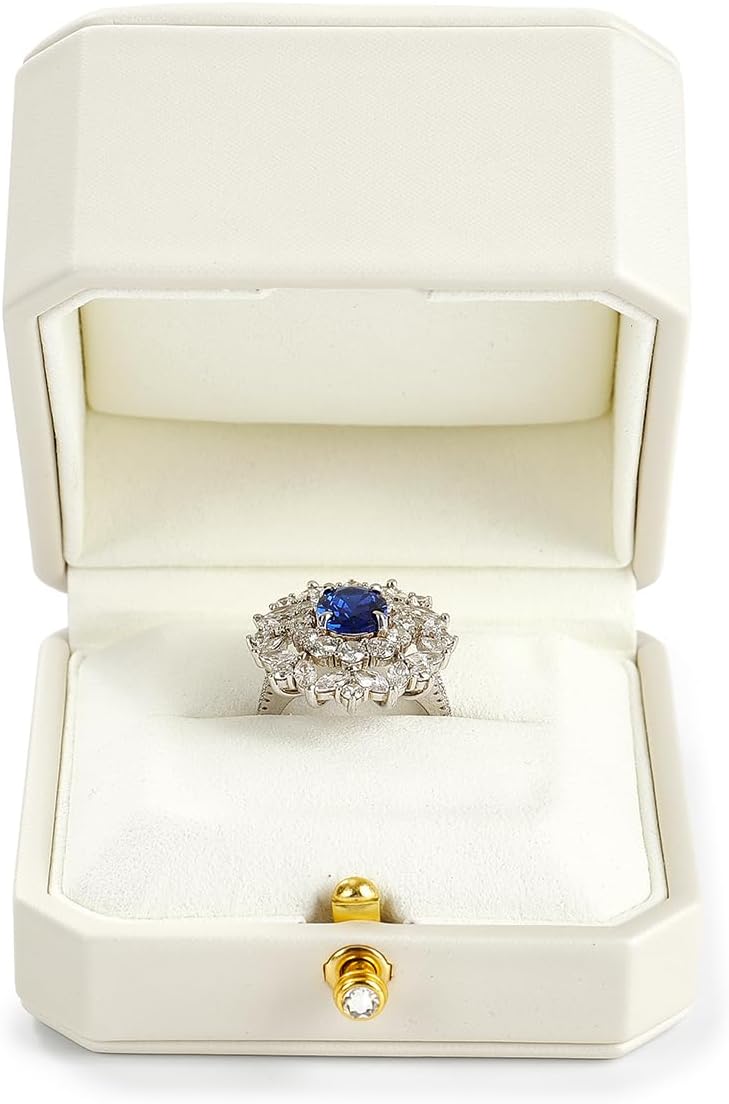 Oirlv Luxury Leather Ring Box for Jewelry Gift Octagon Women Ring Holder for Wedding Day, Proposal, Engagement, Anniversary(White,Single)