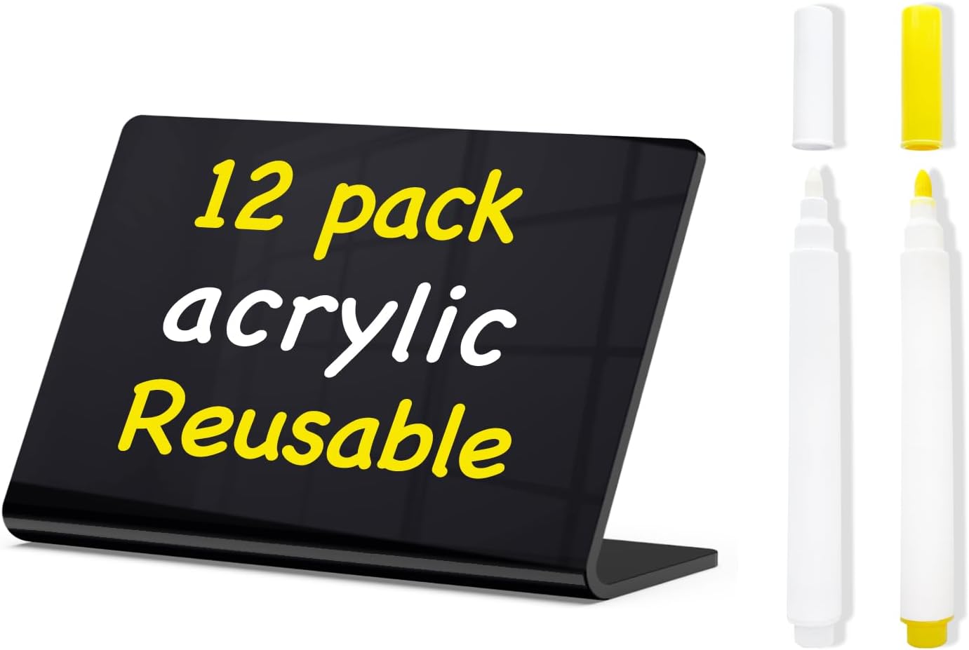 PigPotParty Acrylic Mini Chalkboard Signs for Outdoor Party Buffet, 12 Pcs 4"x3", Glossy Black Elegant Food Labels for Wedding, Table Signs, Place Cards, Include 2 Wet Erase Markers