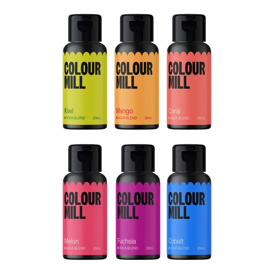 Colour Mill Tropical Pack Aqua Blend Water-Based Food Coloring, 20 Milliliters Each of 6 Colors - Cobalt, Coral, Fuchsia, Kiwi, Mango and Melon