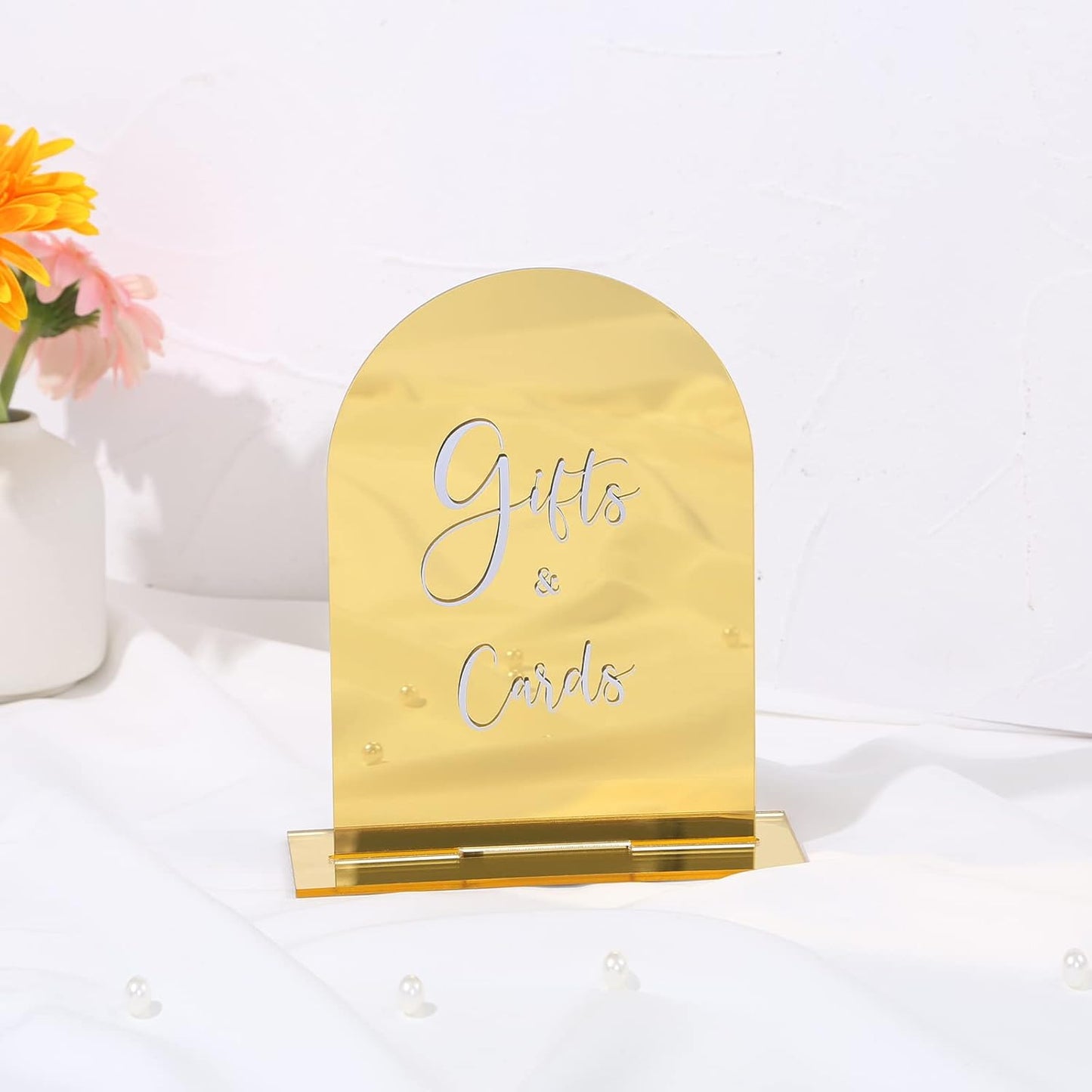 UNIQOOO 10 Pack Acrylic 5x7 Gold Mirror Arch Table Sign for Wedding with Holders, 1/8 in Thick, DIY Blank Arch Sign Sheet Perfect for Decoration, Party,Anniversary, Event, Stand Included