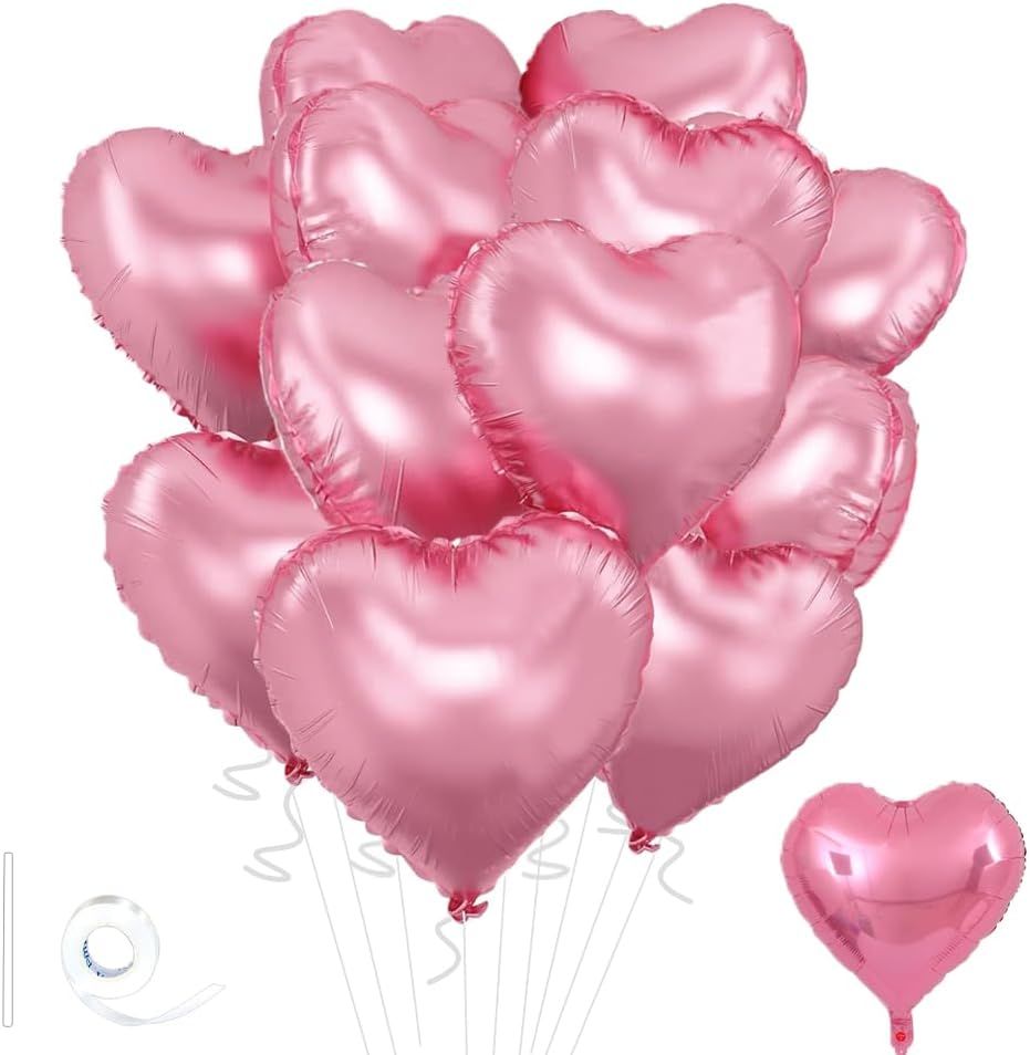 Pink Heart Balloons,18inch Bright Pink Heart Shaped Foil Balloons 12Pcs Helium Mylar Balloon for Anniversary Wedding Engagement Birthday Party Baby Shower Decorations