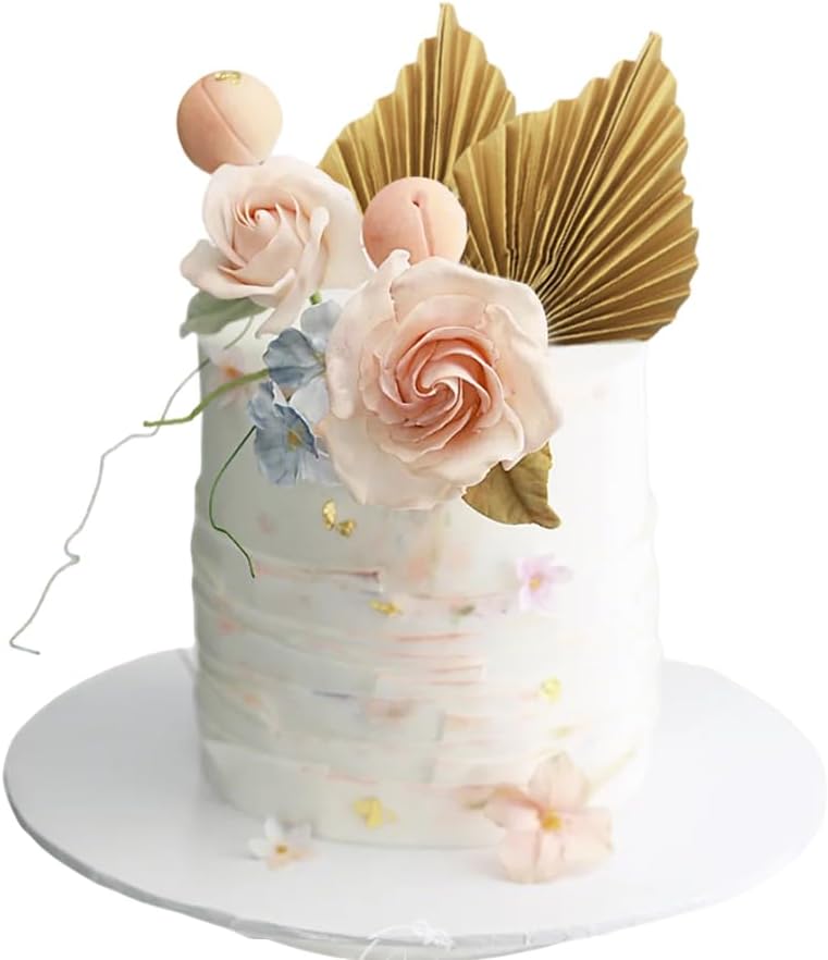 10PCS Paper Palm Fan Cake Toppers Palm Spear Leaves Fan Cupcake Toppers Craft DIY Cake Bakeware Decoration for Birthday Party Wedding Party Decor Supplies Light Gold