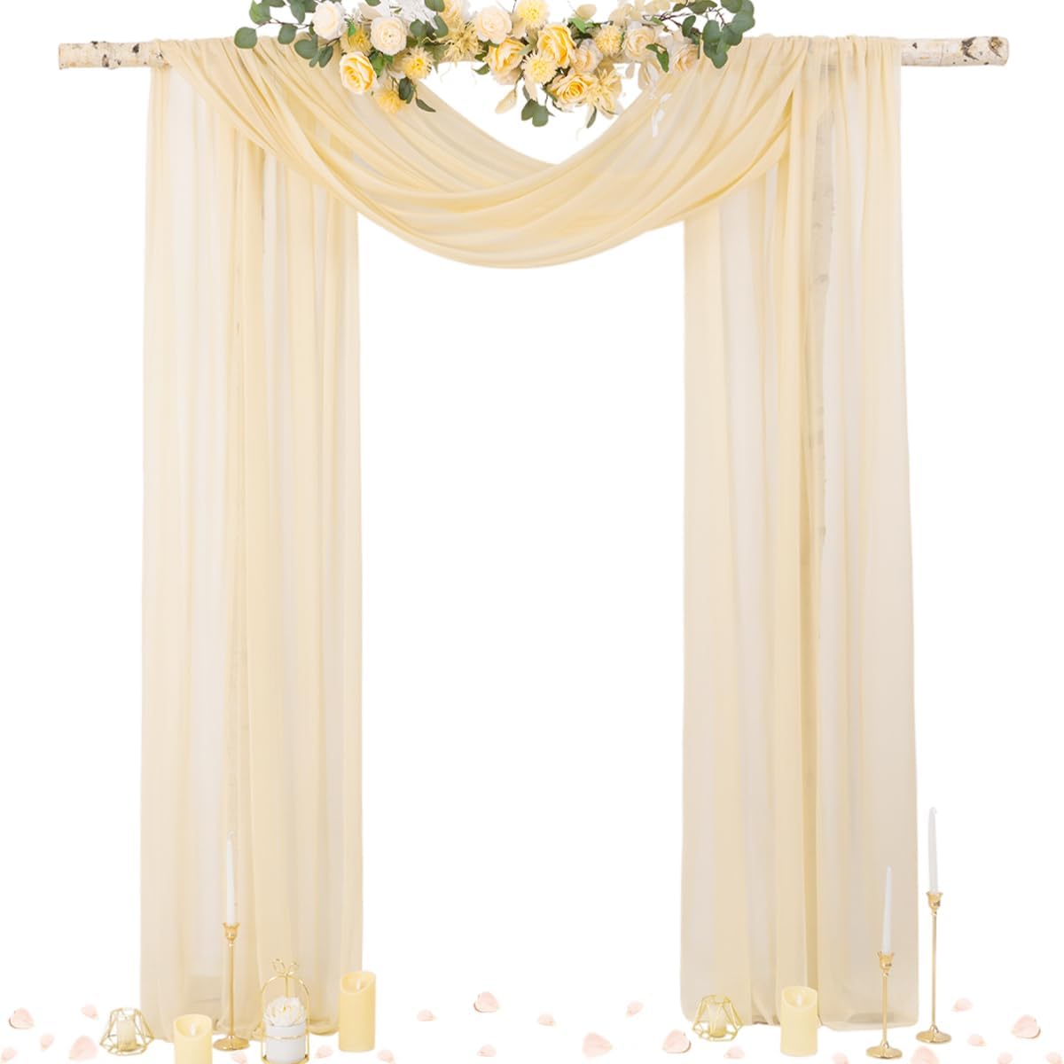 Socomi Champagne Sheer Wedding Arch Draping Fabric 29" x 20Ft 4 Panels Outdoor Curtain Drapes Extra Long for Bridal Baby Shower Ceremony Birthday Party Decor