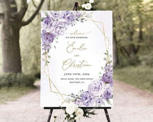 Lavender Wedding Welcome Sign Template, Lilac Floral Gold Reception Decor Sign, Elegant Boho Purple Garden Large Sign