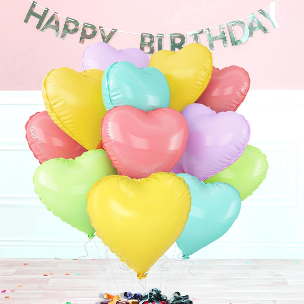 5 Colors Heart Balloons，18 Inch Color of Macaron Foil Mylar Love Heart Shaped Balloons for Anniversary Wedding Engagement Celebration Birthday Party Baby Shower Decorations(12Pcs)