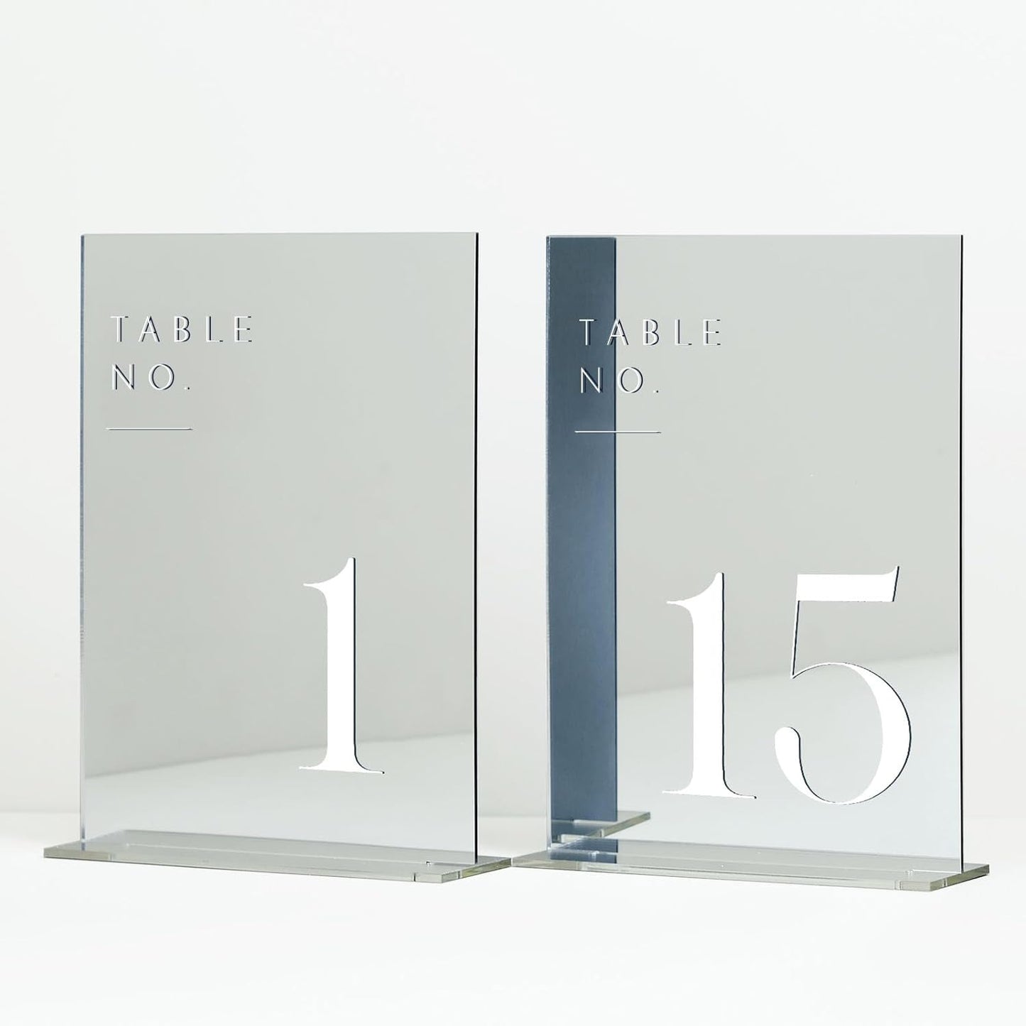 JINMURY Sliver Wedding Table Numbers 1-15 with Stands, 5"x7" Sliver Mirror Acrylic Table Numbers for Wedding Reception (Sliver Mirror White Font, Number 1-15, 5"x7")