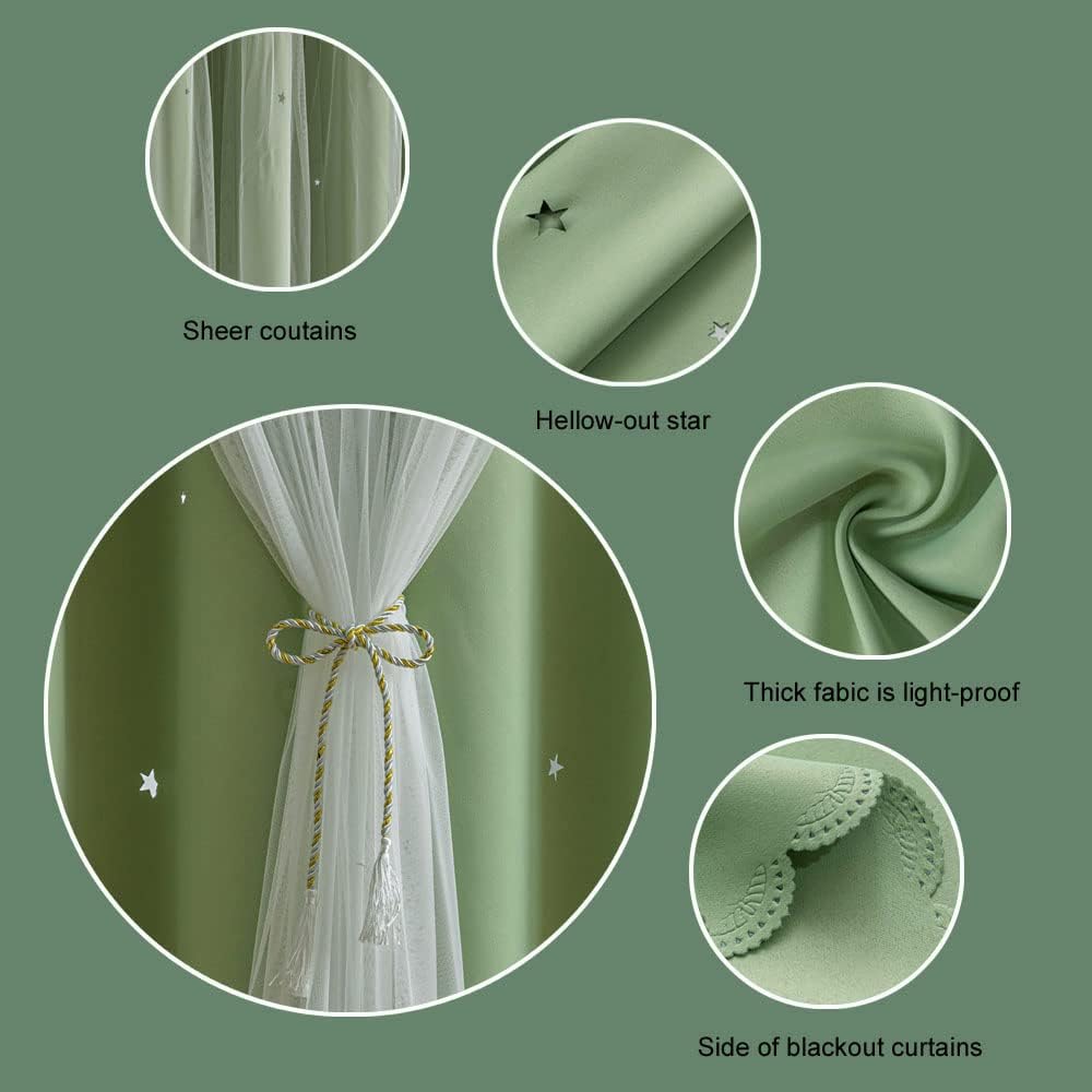 FANLI 2 Panels Star Blackout Curtains for Kid Girls Bedroom Living Room Darking Stripe Double Layer Star Cut Out Wall Home Decor Gradient Grommet Window Curtains (Green 95L)