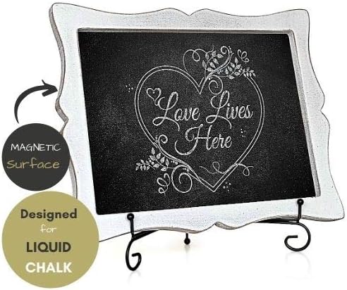 Tabletop Small Chalkboard Sign with Easel (11x13) + 8 Brilliant Liquid Chalk Markers | Hanging or Freestanding Framed Chalkboard with Hand Crafted Sweetheart Frame