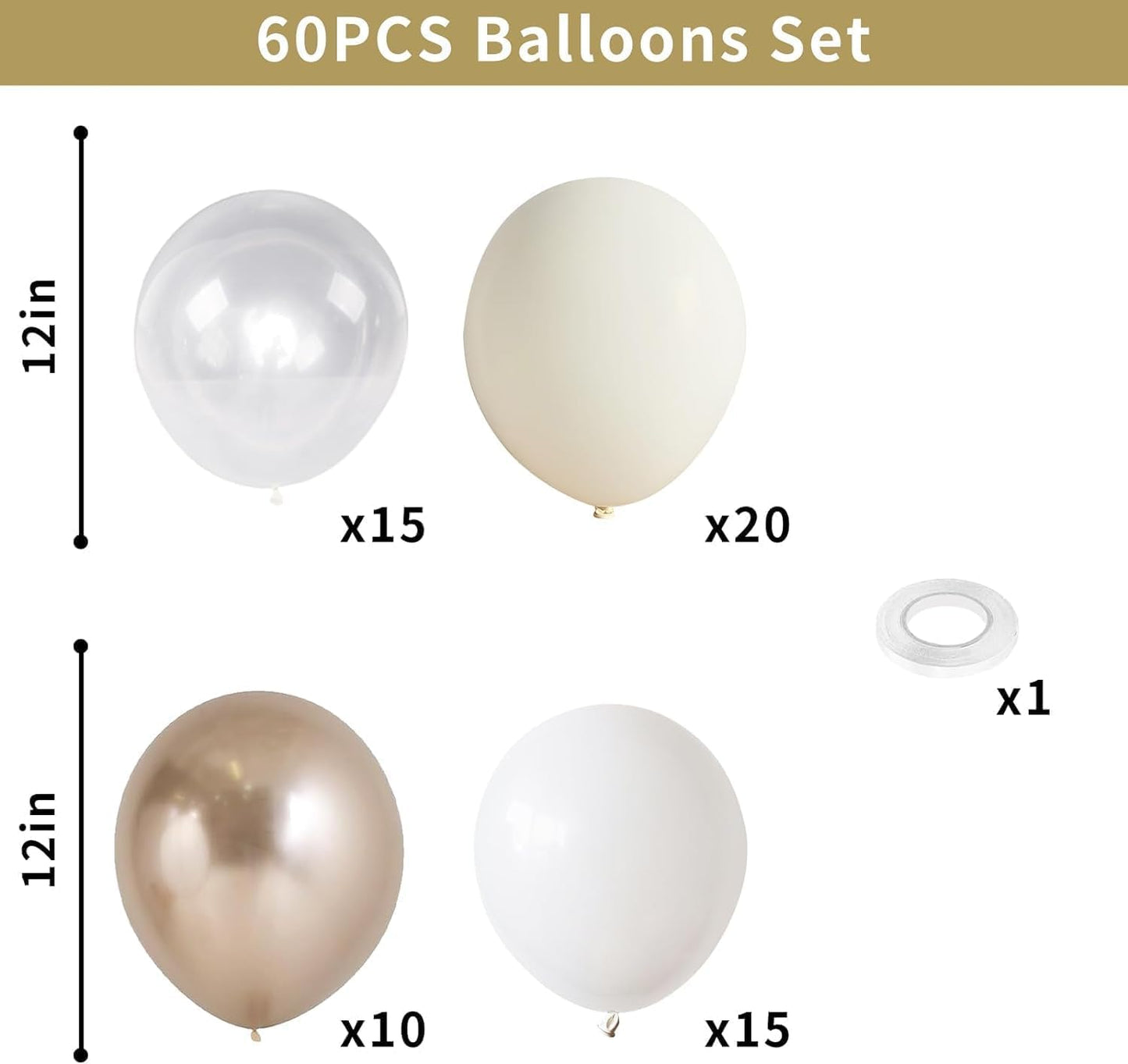 Nude White Gold Balloons, 60PCS Metallic Champagne Gold Cream White Clear Balloon White Sand Blush Beige Transparent Party Balloons for Birthday Boho Wedding Anniversary Engagement Hen Decorations