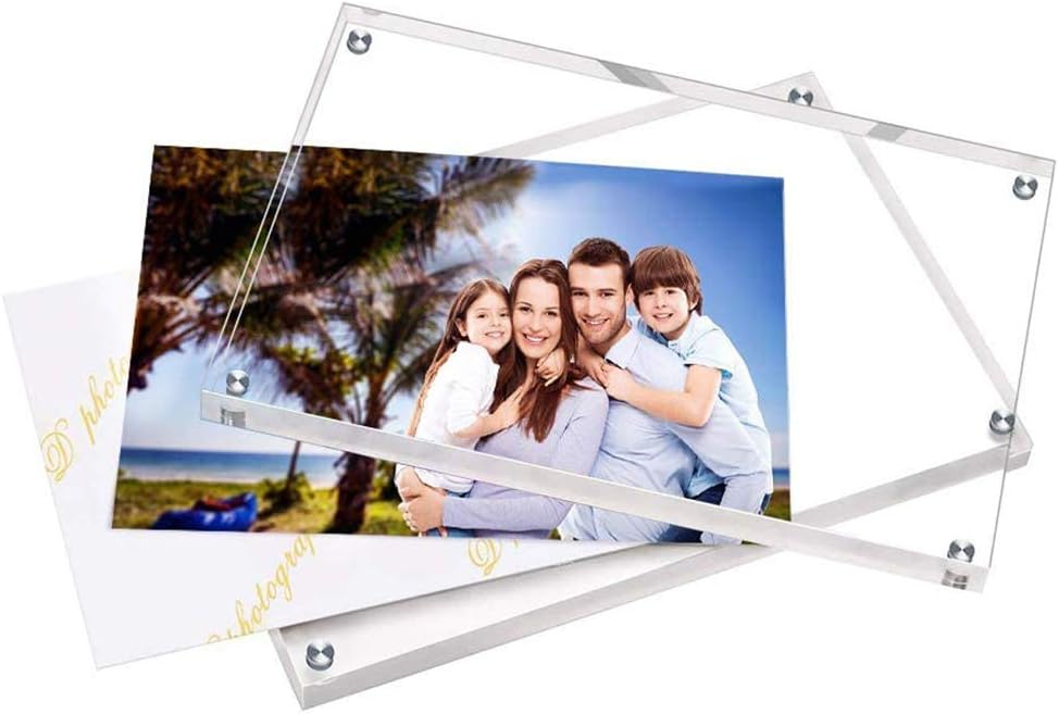 HELPLEX Acrylic Frames, 2 Pack 4x6, 20mm Thicker Frameless Clear Frame, Double Sided Magnetic, Free Standing Desktop Display