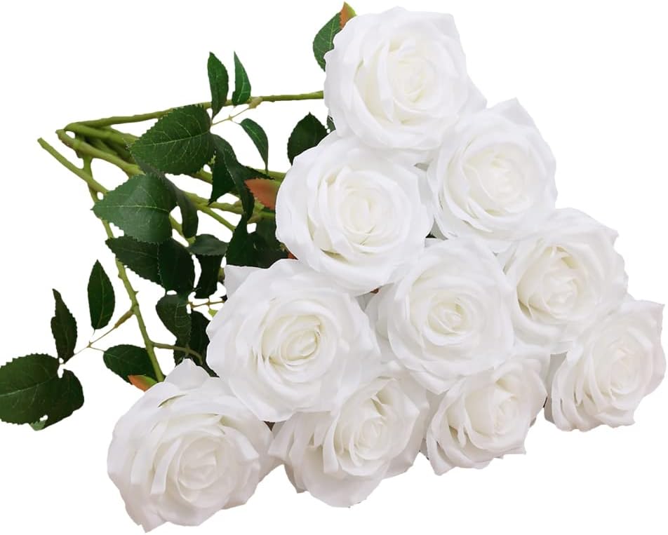 Artificial Rose 10pcs Open Flower Bouquet Faux Rose Stems for Wedding Arrangement, Bridal Bouquet, Centerpiece, Fake Faux Silk Flowers (White)