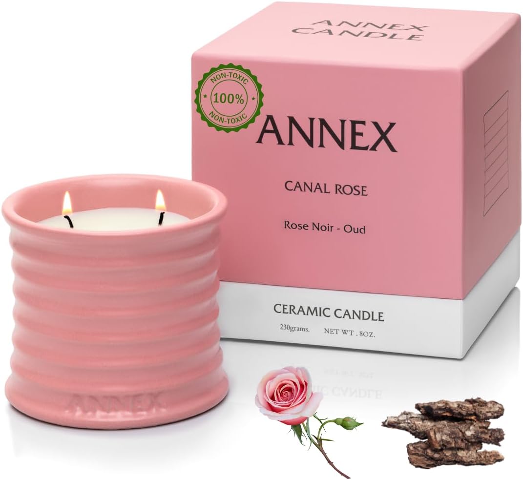 Scented Luxury Candles in Handmade Ceramic Jars, Soy Wax | Canal Rose – Rose Bud & Oud Scented, Large Candle | Non Toxic, 2 Wicks, Reusable Big Pink Jar | Natural Spring Aromatherapy for Women & Men