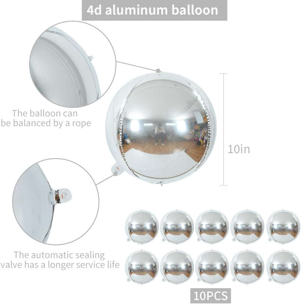 10 pcs Silver 4D balloon, 10 inch Foil Mylar Sphere Balloon for Birthday Party,Wedding,Valentine's Day, Christmas,Baby Shower Decoration Supplies