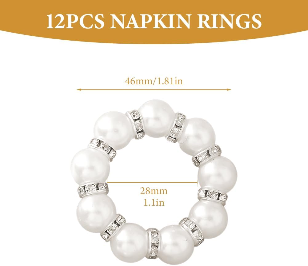 12Pcs Pearl Napkin Rings, Round Napkin Buckles Wedding Beaded White Napkin Rings Silver Napkin Ring Holder for Formal Dinner Reception Party Banquet Table Decor (Sliver)