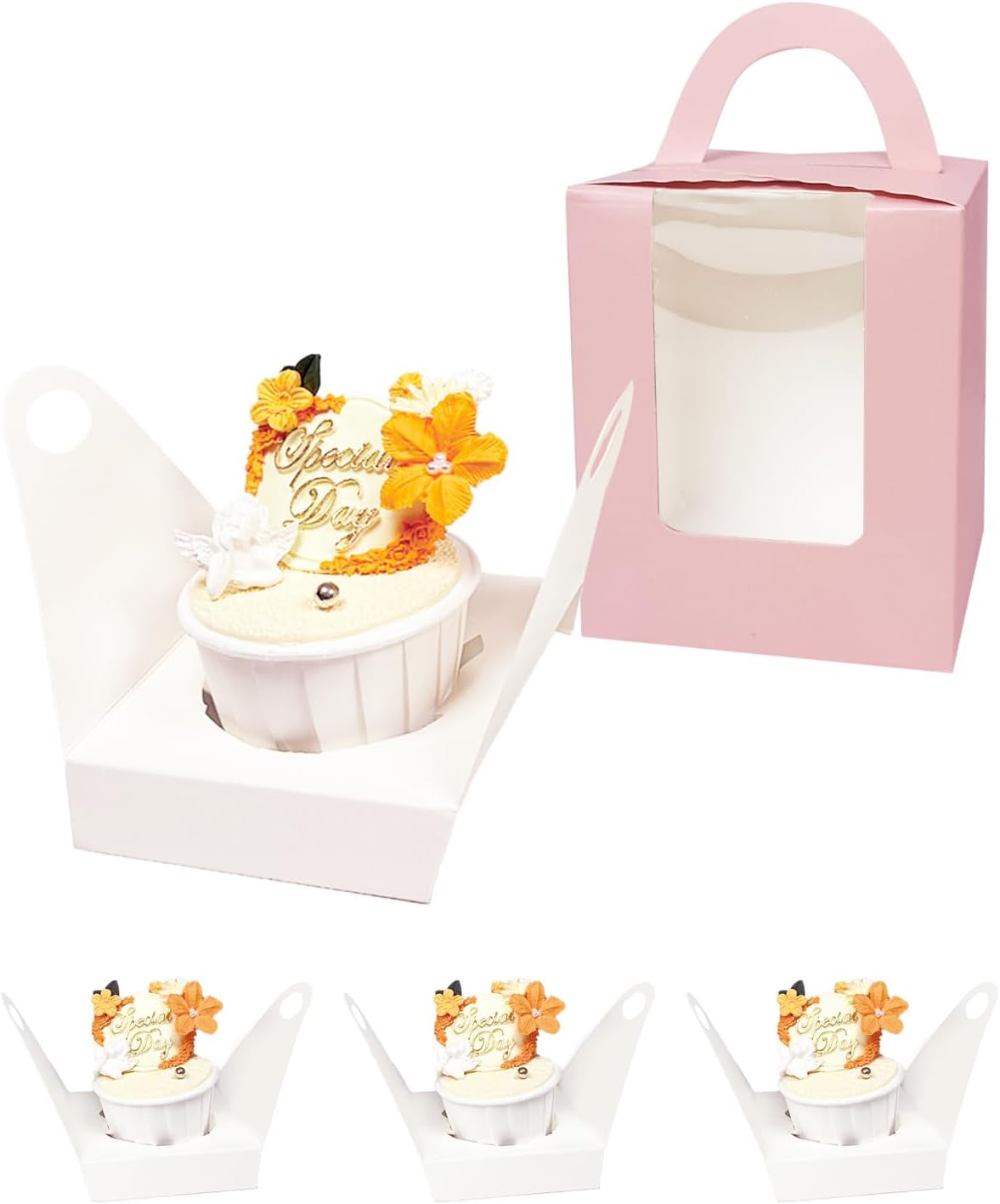 Bakepacker Auto-pop up Individual Cupcake Boxes with Window 25 Count Pink Single Cupcakes Box 3.6 x 3.6 x 4.3inch Cupcake Carrier