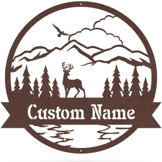 RealSteel Personalized Outdoor Metal Sign, Customize the Great Outdoor Deer & Mountain Monogram, Rustic Cabin, Lodge, or Home Décor, Laser Cut Steel Wall Art, Family Gifts