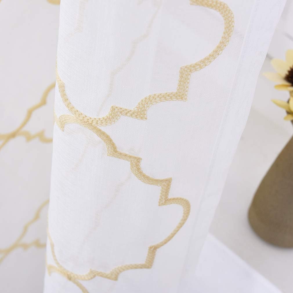 Sheer Curtains Gold 95 Inches Long, Rod Pocket Drapes for Living room, Bedroom, Embroidered Moroccan Tile Lattice Design Semi Crinkle Voile Curtain Panels for Patio, Villa, Parlor, Set of 2, 52"x95".