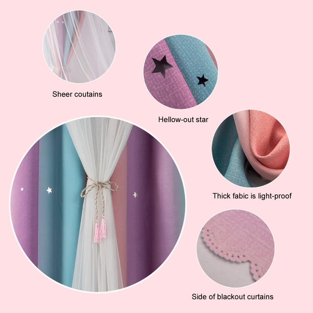 FANLI Ombre Rainbow Blackout Curtains for Kid Girls Bedroom Living Room Darking Stripe Double Layer Star Cut Out Wall Home Decor Gradient Grommet Window Curtains (Pink Purple, 52W x 72L)