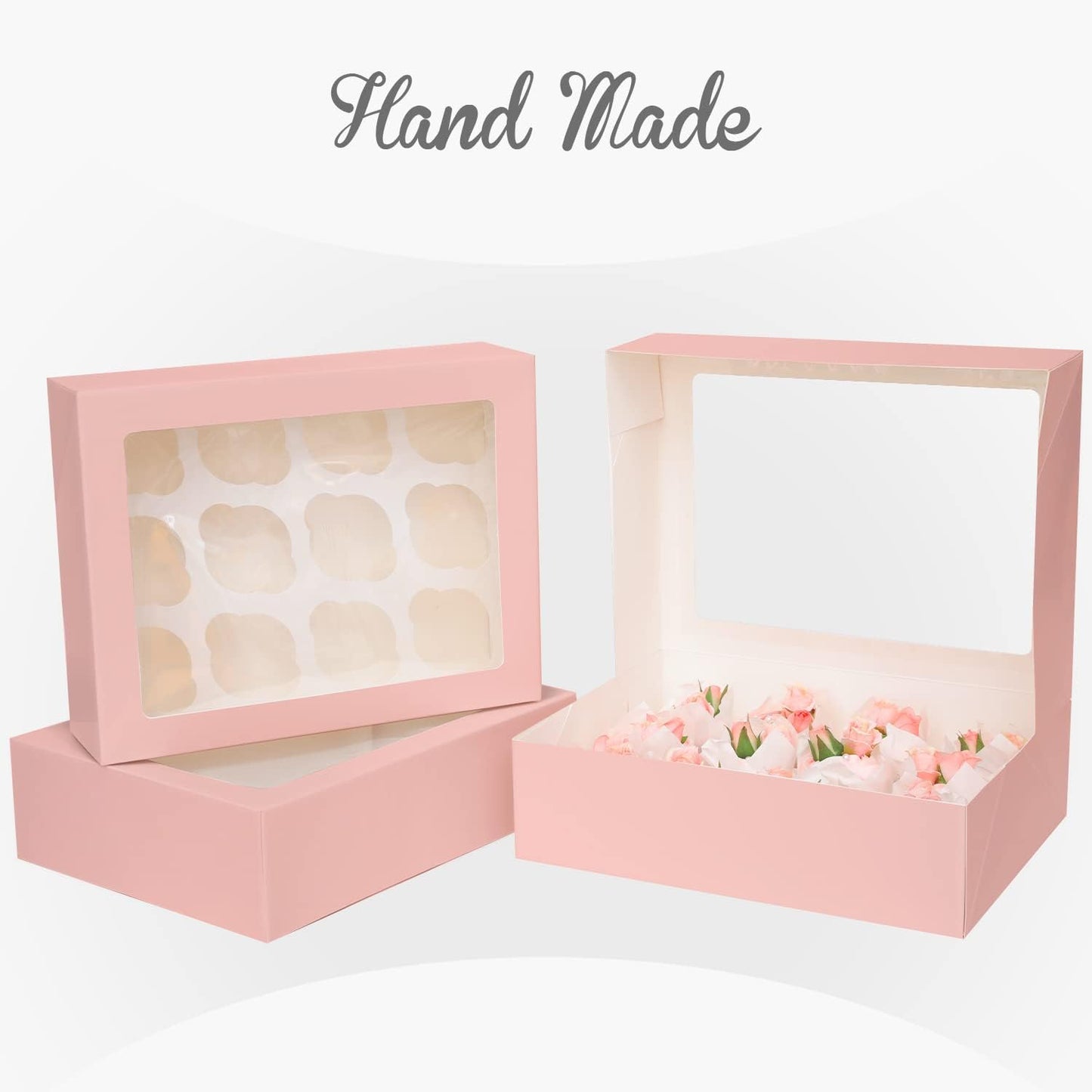 12 Cupcake Containers 20-Packs Pink Cupcake Box Cupcakes Carrier, 12 Cupcake Boxes with Window 13"x10"x3.5"（Auto-pop up）