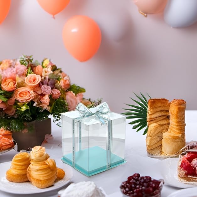 XININSUN clear cake box with ribbon,8inch 10inch cake boxes,transparent tall cake box cake carrier,Cake Containers clear gift box for Wedding,Birthday,Party(6pcs-green)