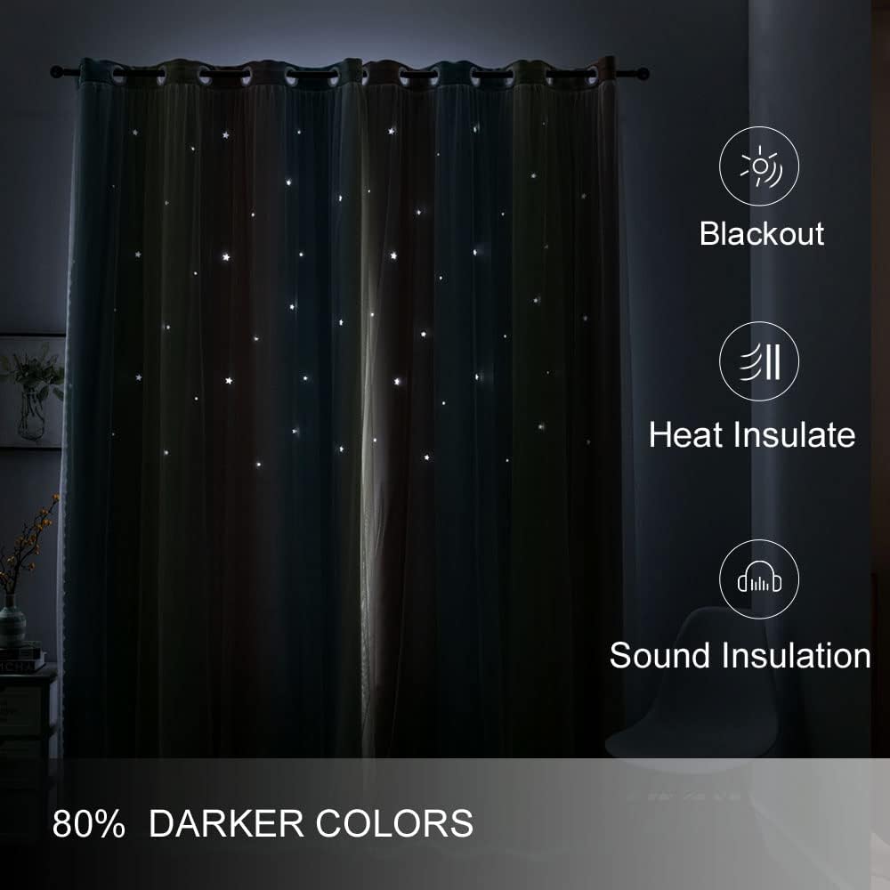 FANLI Ombre Rainbow Blackout Curtains for Kid Girls Bedroom Living Room Darking Stripe Double Layer Star Cut Out Wall Home Decor Gradient Grommet Window Curtains (Pink/Blue, 52W x 84L)