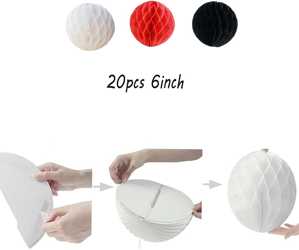 20pcs Honeycomb Flower Balls Party Honeycomb Balls Decoration Paper Flower Balls Tissue Paper Flower Ball Pom Poms Ball for Birthday Wedding Home Decor (6inch, White red Black)