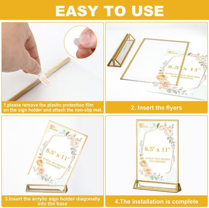 EHWINE 16 Pack Acrylic Sign Holder 8.5 x 11, Double Sided Gold Picture Frame Stand up Table Top Sign Holders, Clear Display Stand Menu Flyer Holder for Wedding Party (Provide Non-slip Mats)
