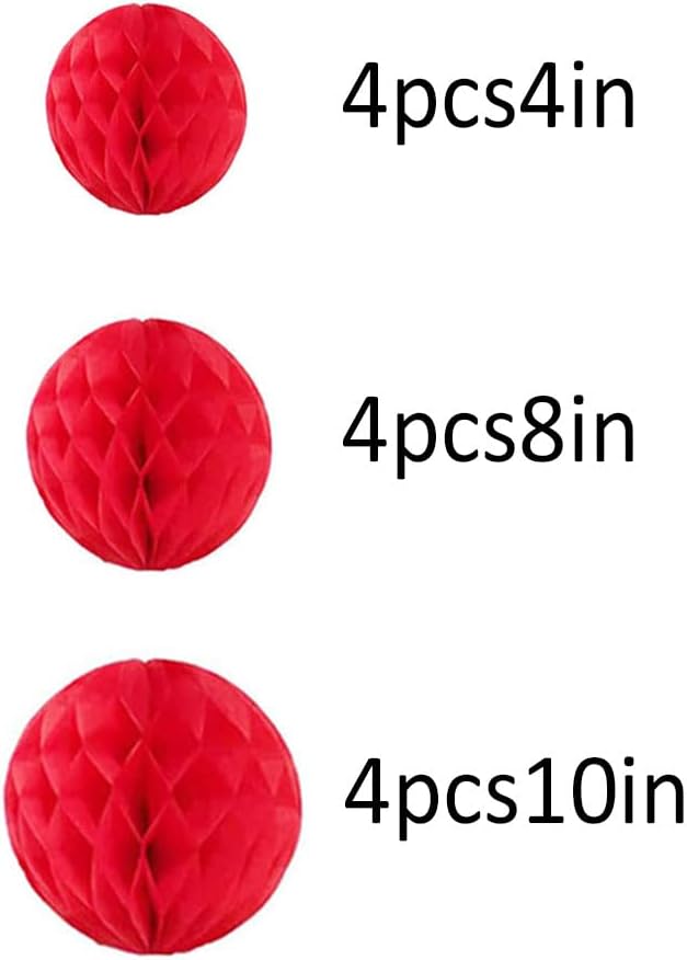 12pcs Party Honeycomb Balls Decorations 4'' 8'' 10'' Honeycomb Ball Flower Tissue Pom Poms Flower Balls Hanging Flower Balls for Baby Shower Birthday Wedding Nursery Wall Decor(4'' 8'' 10'' Red)