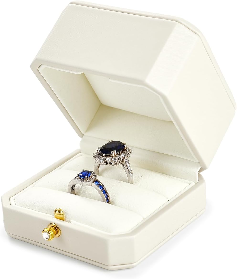 Oirlv Premium Leather Double Ring Box for Wedding Ceremony Engagement Ring Bearer Couple Jewelry Gift Box(White,Double)
