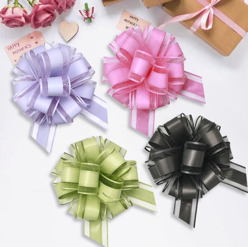 6 Pieces Large Pull Bows, 6 inches, Organza Fabric, Black, Wedding, Christmas, Birthday, Valentine's Day, Gift Wrapping, Party Decoration, Easy to Use