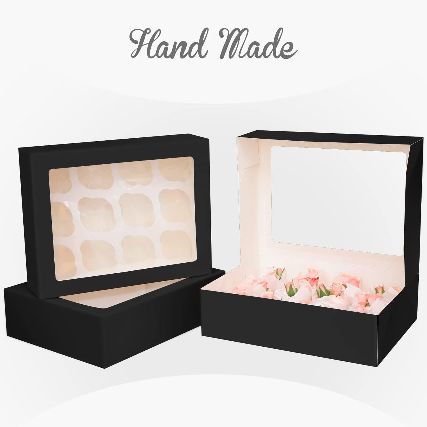 12 Cupcake Containers 10-Packs Black Cupcake Box Cupcakes Carrier, 12 Cupcake Boxes with Window 13"x10"x3.5"（Auto-pop up）