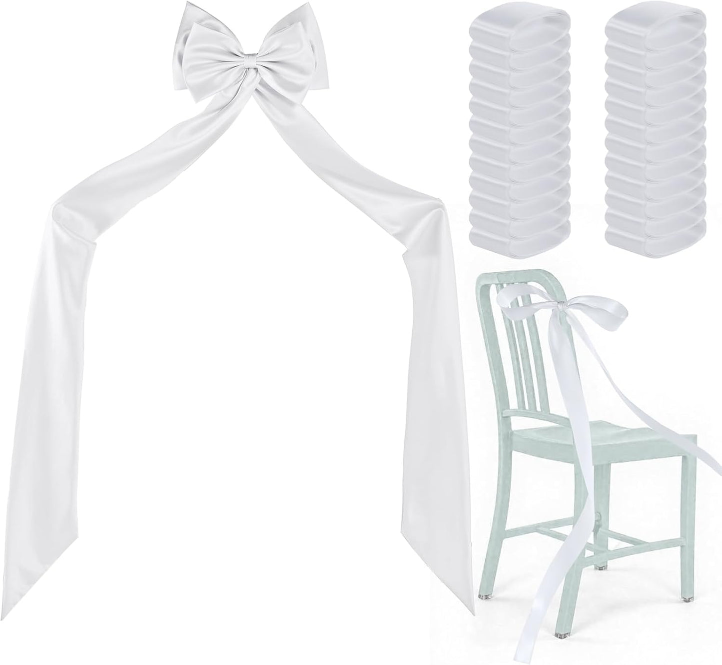 Big Bow with 24 Pcs Chair Ribbon Wedding Aisle Decorations, 78x18 inch Giant Bow for Backdrop Detachable Bow for Dress, Pew Bows Sashes for Chair Wedding Ceremony Outdoor Party (White)
