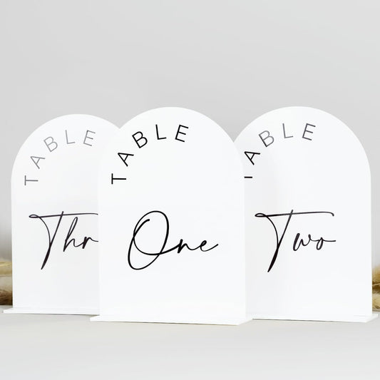 JINMURY White Arch Wedding Table Numbers 1-10 with Stands, 5x7 Inch Acrylic Arch Sign with Black Lettering, White Acrylic Table Numbers for Wedding Reception