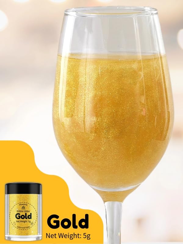 Shanlinly Gold Edible Glitter for Cakes Drinks - Food Grade 5g Shimmer Luster Glitter Dust Edible Glimmer Powders for Strawberries, Sprinkle on Sparkle, Chocolate, Cookie, Cupcake, Cocktail, Vegan
