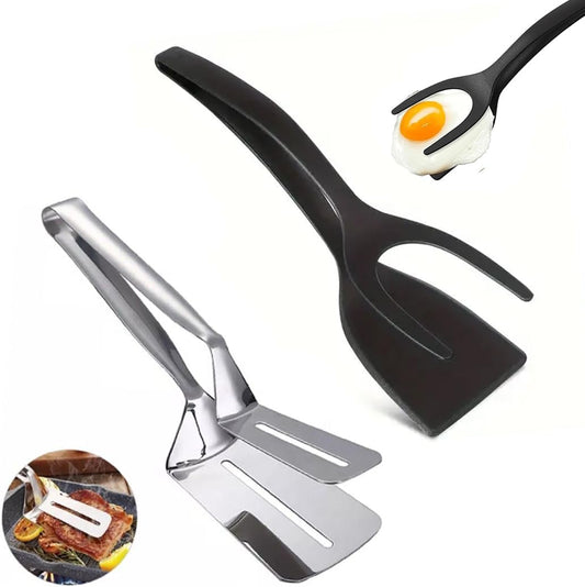 Kitchen Spatula Set of 2, Black Nylon Egg Flipper Turner- Pancake Spatula Stainless Steel, Dishwasher Safe, 2-Piece Multipurpose for Cooking, Breakfast and BBQ (2, Black and Silver)