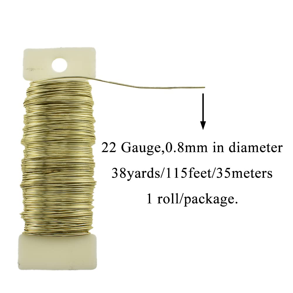 HAHIYO 22Gauge Golden Floral Wire - 1 Roll, 38 Yards (115 Feet) Flexible Paddle Wire for Crafts, Christmas Wreaths, Tree & Flower Arrangement, Bouquet Wrapping, Wedding DIY