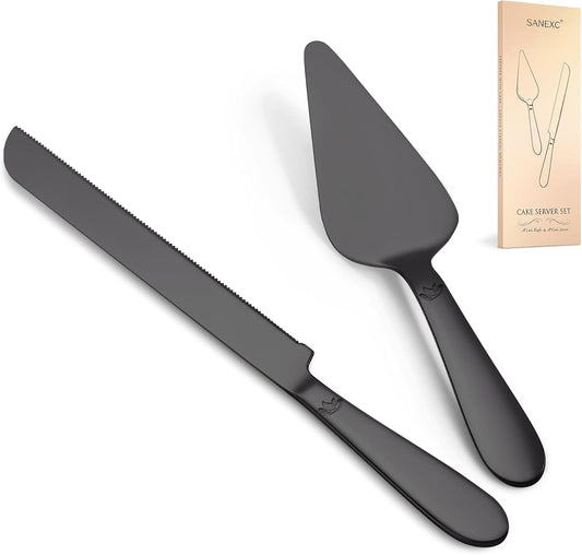 Cake Cutting Set for Wedding - Extended Cake Knife and Server Set Thickened Stainless Steel 13.0" Cake Cutter 10.49" Pie Spatula Great for Birthday Anniversary Christmas Gift 2 Pcs Matte Black