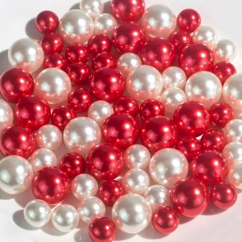 300Pcs Cream&Red Polished No Hole Faux Pearl Beads for Vase Filling Decorations, Plastic Pearls Vase Fillers, Table Scatters, Wedding Centerpiece, Home Decor, 8/14/20 mm