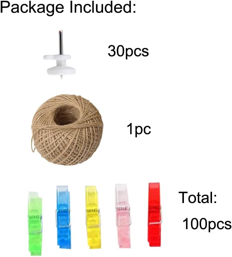 100pcs Mini Clear Hanging Photo Clips + 30m Twine for Picture Display, Arts & Crafts - Plastic Clothespins, Paper Peg Pin Craft Clips (Multi-Color)