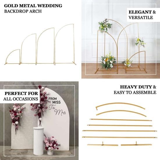 Tableclothsfactory 8ft Gold Metal Wedding Arch Chiara Backdrop Stand, Half Moon Floral Frame Arbor Display