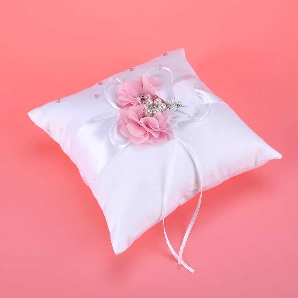 PRETYZOOM 2Pcs Pink Ring Bearer Pillow Set - Satin & Ribbon Decorative Wedding Ring Holder with Flower Design for Ceremony