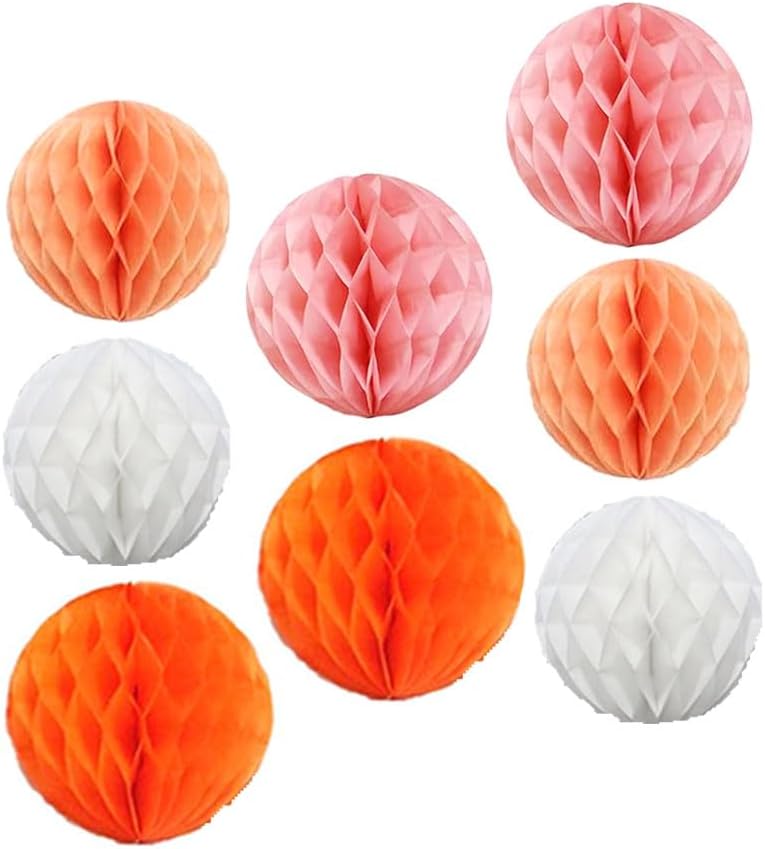 8pc Honeycomb Balls Party Decorations 6'' 8'' Tissue Paper Pom Poms Flower Balls Hanging Paper Honeycomb Balls for Party Baby Shower Birthday Wedding Nursery Wall Decor(6'' 8'' Orange kit)