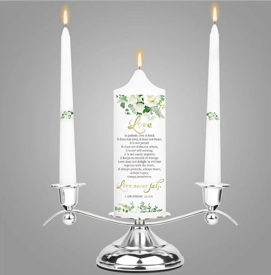 3 Unity Floral Candles for Wedding Ceremony Set with Silver Holder, Wedding Accessories for Reception