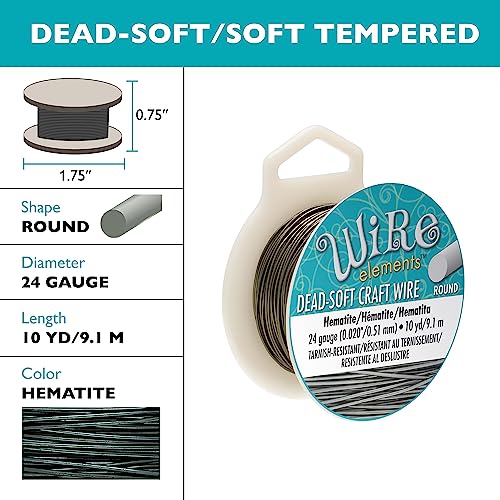 The Beadsmith Wire Elements Craft Wire – Tarnish Resistant, Soft Temper, Round, Hematite Color – 0.51mm, 24 Gauge, 10 Yard Spool – Jewelry Making, Wire Wrapping, Floral, & Other DIY Crafts