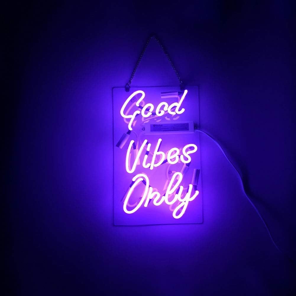 LiQi ™ GOOD VIBES ONLY Real Glass Handmade Neon Wall Signs for Home Decor Wall Light Room Decor Home Bedroom Girls Pub Hotel Beach Cocktail Recreational wedding vibes signs （14" x 8",Purple）