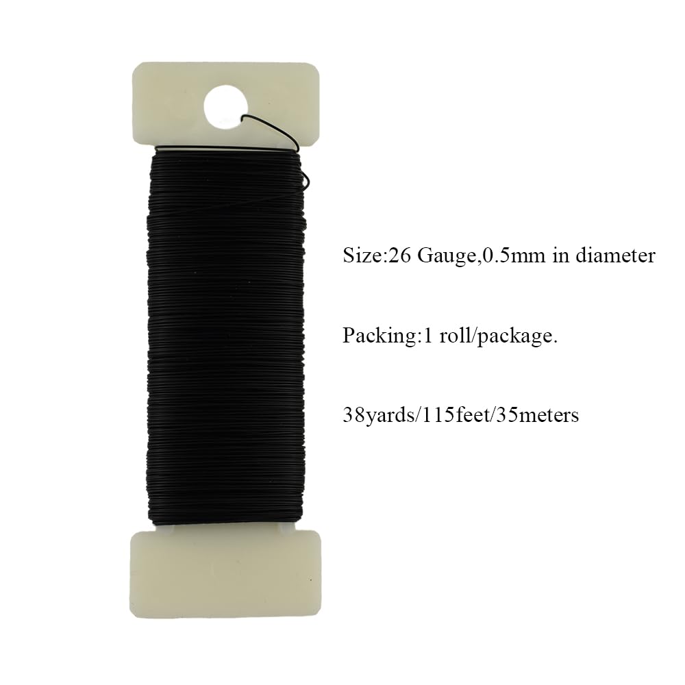 HAHIYO 26Gauge Black Metal Floral Wire - 1 Roll, 38 Yards (115 Feet) - Flexible Paddle Wire for Craft, Christmas Wreath, Flower Arrangement, Bouquet Wrapping, Wedding, DIY