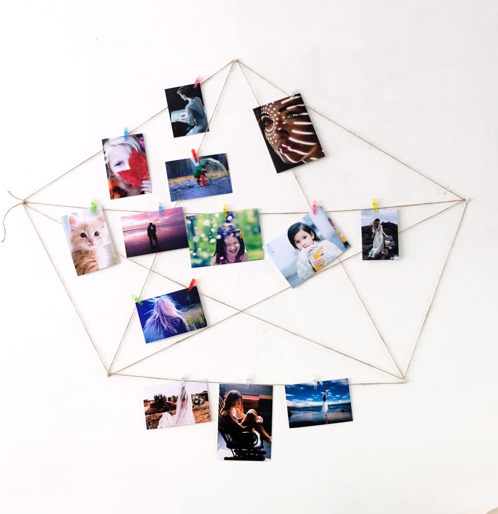 100pcs Mini Clear Hanging Photo Clips + 30m Twine for Picture Display, Arts & Crafts - Plastic Clothespins, Paper Peg Pin Craft Clips (Multi-Color)